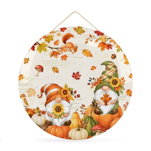 Welcome Sign for Front Door, Orange Gnomes Fall Round Metal Wall Art Wreaths, Thanksgiving Pumpkins Maple Leaves Outdoor Indoor Wall Hanging Sign for Porch Decor Housewarming Gifts 11.8 Inch