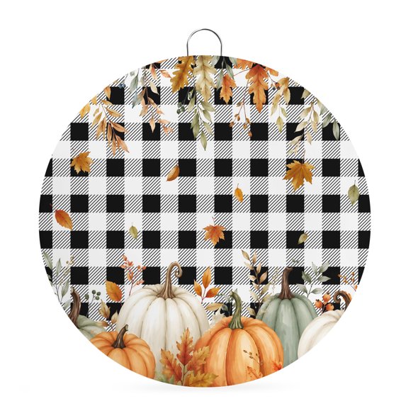 Welcome Sign for Front Door, Orange Green Pumpkins Fall Round Metal Wall Art Wreaths, Thanksgiving Maple Leaf Plaid Outdoor Indoor Wall Hanging Sign for Porch Decor Housewarming Gifts 5.9 Inch