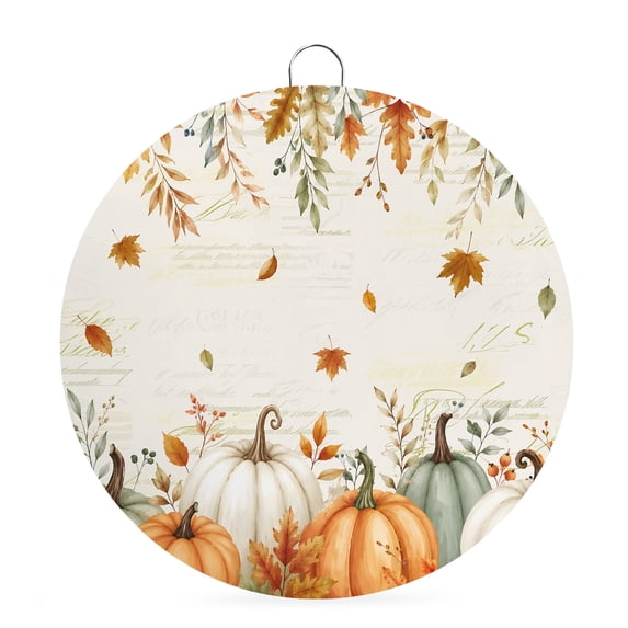 Welcome Sign for Front Door, Orange Green Pumpkins Fall Round Metal Wall Art Wreaths, Thanksgiving Maple Leaf Retro Outdoor Indoor Wall Hanging Sign for Porch Decor Housewarming Gifts 5.9 Inch