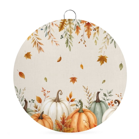 Welcome Sign for Front Door, Orange Green Pumpkins Fall Round Metal Wall Art Wreaths, Thanksgiving Maple Leaf Rustic Outdoor Indoor Wall Hanging Sign for Porch Decor Housewarming Gifts 7.9 Inch
