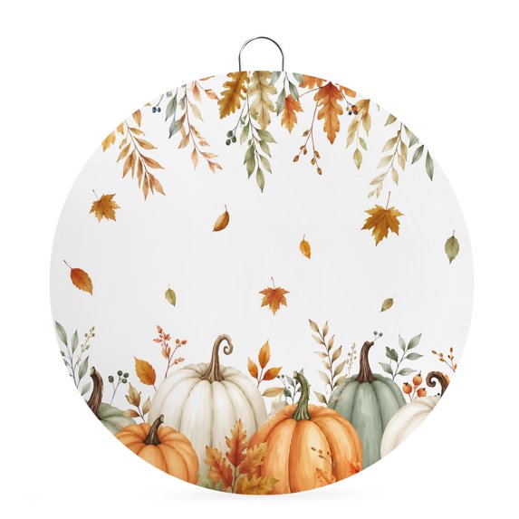 Welcome Sign for Front Door, Orange Green Pumpkins Fall Round Metal Wall Art Wreaths, Thanksgiving Maple Leaves Outdoor Indoor Wall Hanging Sign for Porch Decor Housewarming Gifts 7.9 Inch