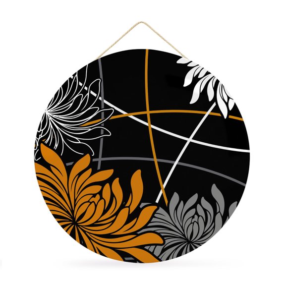 Welcome Sign for Front Door, Orange Grey Daisy Round Metal Wall Art Wreaths, Modern Floral Abstract Striped Black Outdoor Indoor Wall Hanging Sign for Porch Decor Housewarming Gifts 11.8 Inch