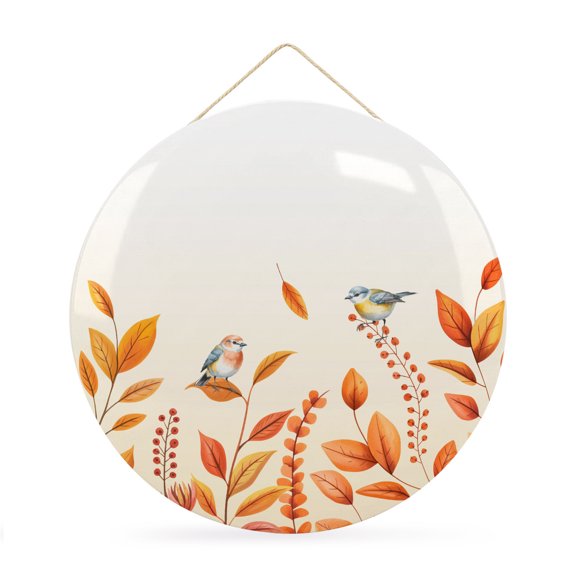 Welcome Sign for Front Door, Orange Leaves Fall Round Metal Wall Art Wreaths, Autumn Bird Pastoral Botanical Outdoor Indoor Wall Hanging Sign for Porch Decor Housewarming Gifts 11.8 Inch