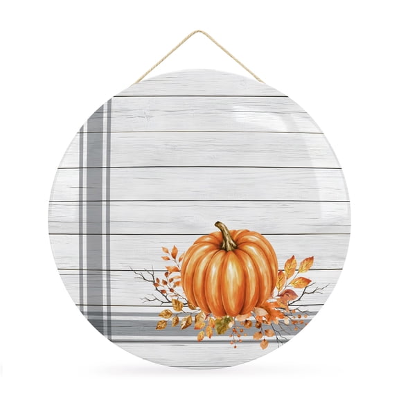 Welcome Sign for Front Door, Orange Pumpkin Fall Round Metal Wall Art Wreaths, Thanksgiving Wooden Stripes Vintage Outdoor Indoor Wall Hanging Sign for Porch Decor Housewarming Gifts 11.8 Inch