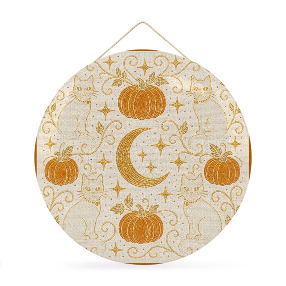Welcome Sign for Front Door, Orange Pumpkin Round Metal Wall Art Wreaths, Fall Halloween Cats Moon Stars Boho Outdoor Indoor Wall Hanging Sign for Porch Decor Housewarming Gifts 11.8 Inch