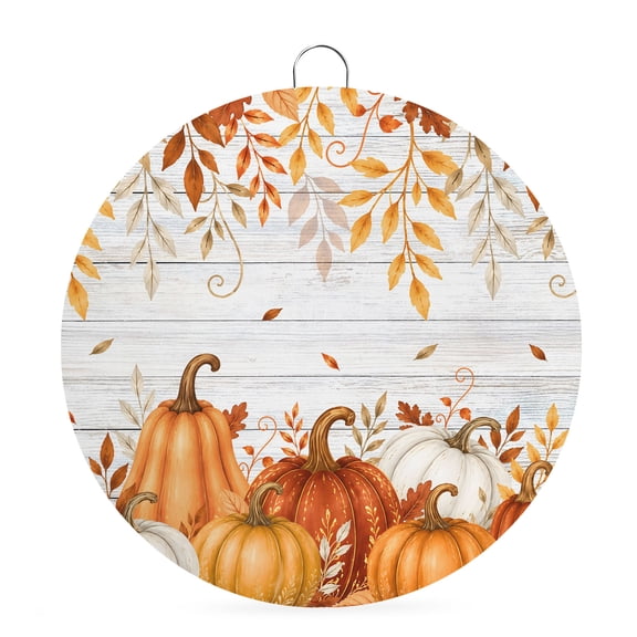 Welcome Sign for Front Door, Orange Pumpkins Fall Round Metal Wall Art Wreaths, Botanical Thanksgiving Leaves Wooden Outdoor Indoor Wall Hanging Sign for Porch Decor Housewarming Gifts 7.9 Inch
