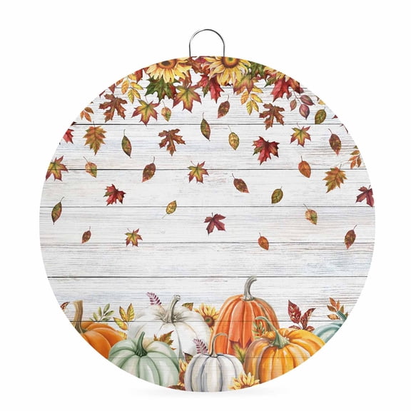 Welcome Sign for Front Door, Orange Pumpkins Fall Round Metal Wall Art Wreaths, Thanksgiving Botanical Sunflower Wooden Outdoor Indoor Wall Hanging Sign for Porch Decor Housewarming Gifts 5.9 Inch