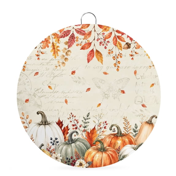 Welcome Sign for Front Door, Orange Pumpkins Fall Round Metal Wall Art Wreaths, Thanksgiving Flowers Leaves Vintage Outdoor Indoor Wall Hanging Sign for Porch Decor Housewarming Gifts 5.9 Inch