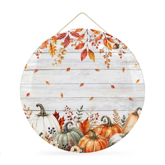 Welcome Sign for Front Door, Orange Pumpkins Fall Round Metal Wall Art Wreaths, Thanksgiving Flowers Leaves Wooden Outdoor Indoor Wall Hanging Sign for Porch Decor Housewarming Gifts 11.8 Inch