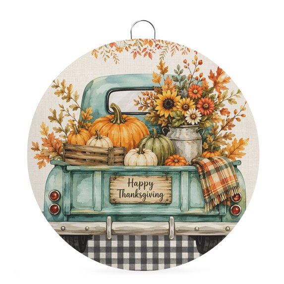 Welcome Sign for Front Door, Orange Pumpkins Round Metal Wall Art Wreaths, Fall Thanksgiving Botanical Truck Plaid Black Outdoor Indoor Wall Hanging Sign for Porch Decor Housewarming Gifts 7.9 Inch