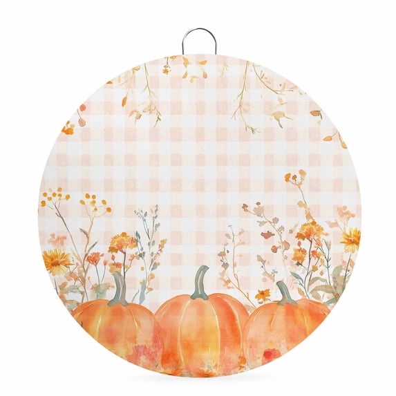 Welcome Sign for Front Door, Orange Pumpkins Round Metal Wall Art Wreaths, Fall Thanksgiving Maple Leaf Rustic Plaid Outdoor Indoor Wall Hanging Sign for Porch Decor Housewarming Gifts 7.9 Inch