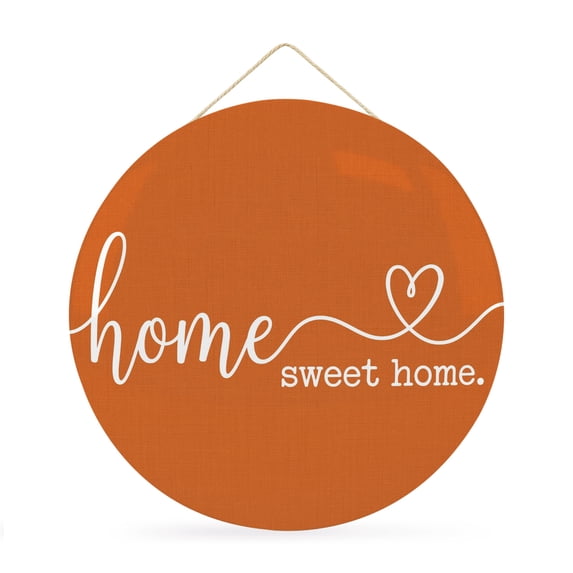 Welcome Sign for Front Door, Orange Round Metal Wall Art Wreaths, Farmhouse Sweet Home White Stripes Solid Outdoor Indoor Wall Hanging Sign for Porch Decor Housewarming Gifts 11.8 Inch