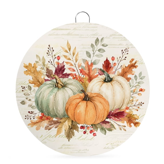 Welcome Sign for Front Door, Orange Sage Green Pumpkins Fall Round Metal Wall Art Wreaths, Thanksgiving Leaf Retro Outdoor Indoor Wall Hanging Sign for Porch Decor Housewarming Gifts 7.9 Inch