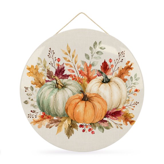 Welcome Sign for Front Door, Orange Sage Green Pumpkins Fall Round Metal Wall Art Wreaths, Thanksgiving Leaf Rustic Outdoor Indoor Wall Hanging Sign for Porch Decor Housewarming Gifts 11.8 Inch