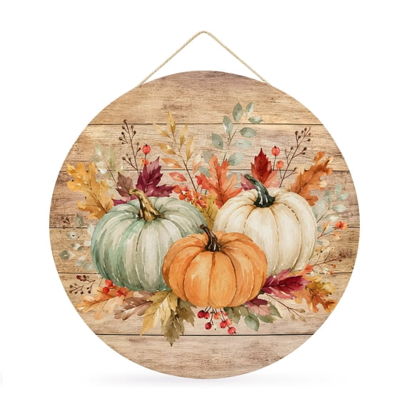 Welcome Sign for Front Door, Orange Sage Green Pumpkins Fall Round Metal Wall Art Wreaths, Thanksgiving Leaf Wood Outdoor Indoor Wall Hanging Sign for Porch Decor Housewarming Gifts 11.8 Inch