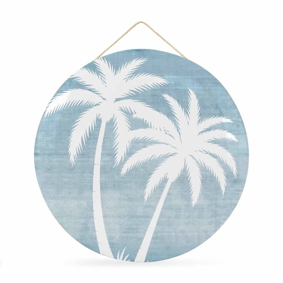 Welcome Sign for Front Door, Palm Trees Blue Round Metal Wall Art Wreaths, Summer Coastal Vintage Tropical Outdoor Indoor Wall Hanging Sign for Porch Decor Housewarming Gifts 11.8 Inch