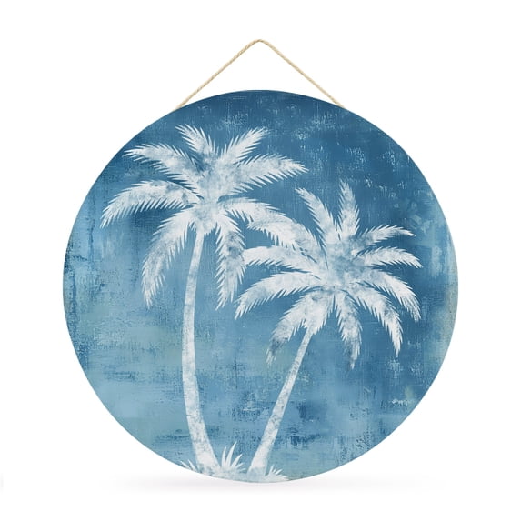 Welcome Sign for Front Door, Palm Trees Tropical Round Metal Wall Art Wreaths, Shabby Sky Blue Summer Coastal Outdoor Indoor Wall Hanging Sign for Porch Decor Housewarming Gifts 11.8 Inch