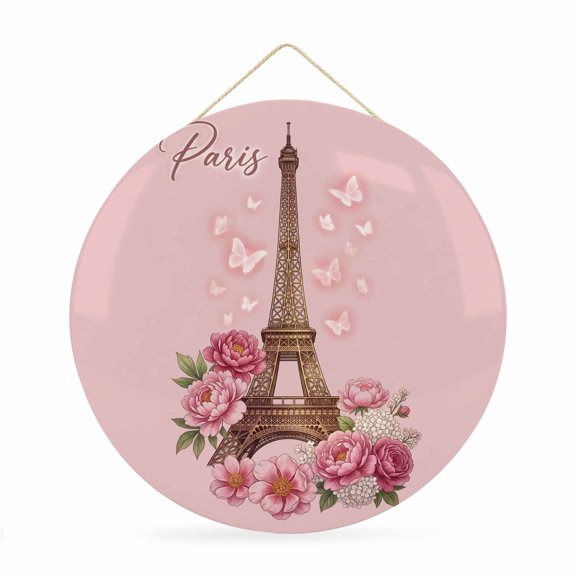 Welcome Sign for Front Door, Paris Eiffel Tower 12 Inch Round Metal Sign for Home Decoration, Pink Rose Romantic Floral Butterfly Decorative Wall Signs for Holiday Party Supplies Decor