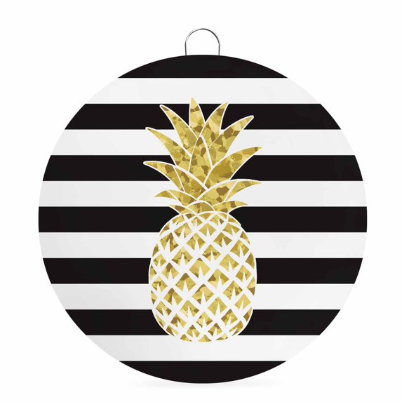 Welcome Sign for Front Door,Pineapple Round Metal Welcome Front Porch Decoration,Modern Abstract Fruits Black White Stripe Wall Hanging Sign for Living Room Kitchen Hallway Housewarming Gift 8''