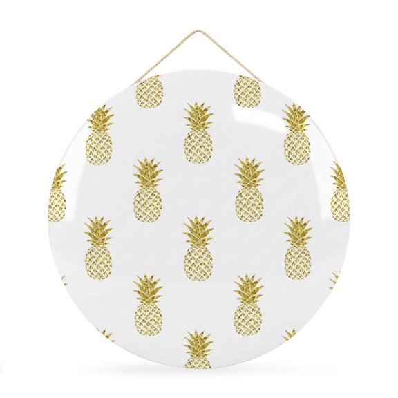 Welcome Sign for Front Door,Pineapple Round Metal Welcome Front Porch Decoration,Modern Abstract Yellow Fruits Textured Wall Hanging Sign for Living Room Kitchen Hallway Housewarming Gift 12''