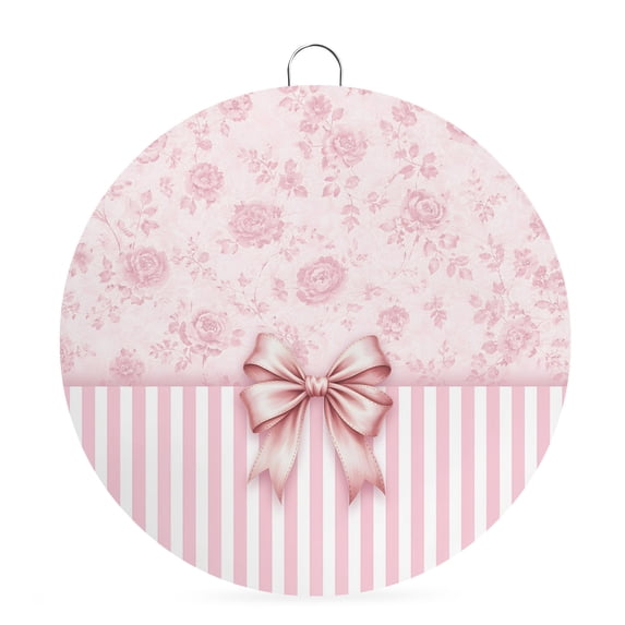 Welcome Sign for Front Door, Pink Bow Round Metal Wall Art Wreaths, Farmhouse Roses Floral Stripes Rustic Modern Outdoor Indoor Wall Hanging Sign for Porch Decor Housewarming Gifts 5.9 Inch