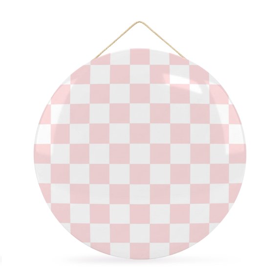 Welcome Sign for Front Door, Pink Checkered Round Metal Wall Art Wreaths, Geometric Pink Buffalo Plaid Outdoor Indoor Wall Hanging Sign for Porch Decor Housewarming Gifts 11.8 Inch