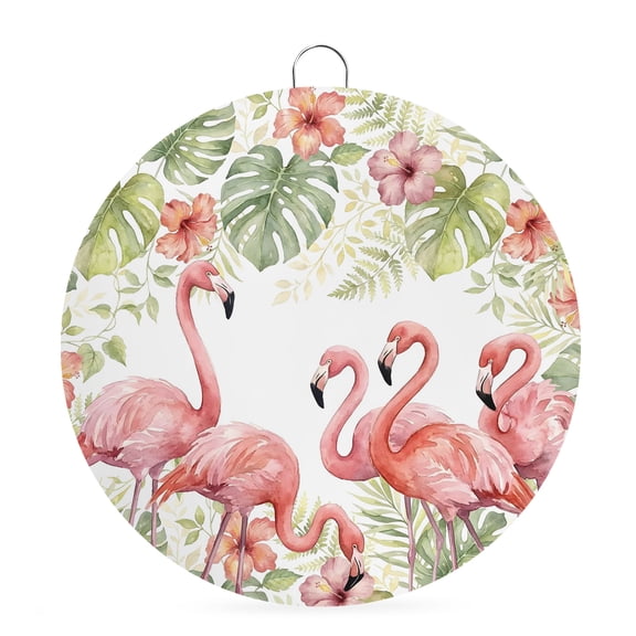 Welcome Sign for Front Door,Pink Flamingo Round Metal Welcome Front Porch Decor,Tropical Summer Palm Leaves Floral Watercolor Wall Hanging Sign for Living Room Kitchen Hallway Housewarming Gift 6''