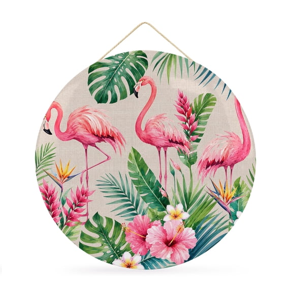 Welcome Sign for Front Door, Pink Flamingos Round Metal Wall Art Wreaths, Rustic Summer Botanical Flowers Rustic Outdoor Indoor Wall Hanging Sign for Porch Decor Housewarming Gifts 11.8 Inch