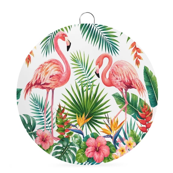 Welcome Sign for Front Door, Pink Flamingos Round Metal Wall Art Wreaths, Summer Botanical Flowers Watercolor Tropical Outdoor Indoor Wall Hanging Sign for Porch Decor Housewarming Gifts 7.9 Inch