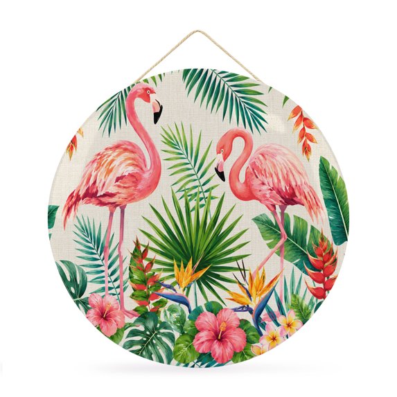 Welcome Sign for Front Door, Pink Flamingos Round Metal Wall Art Wreaths, Summer Botanical Watercolor Floral Leaves Outdoor Indoor Wall Hanging Sign for Porch Decor Housewarming Gifts 11.8 Inch