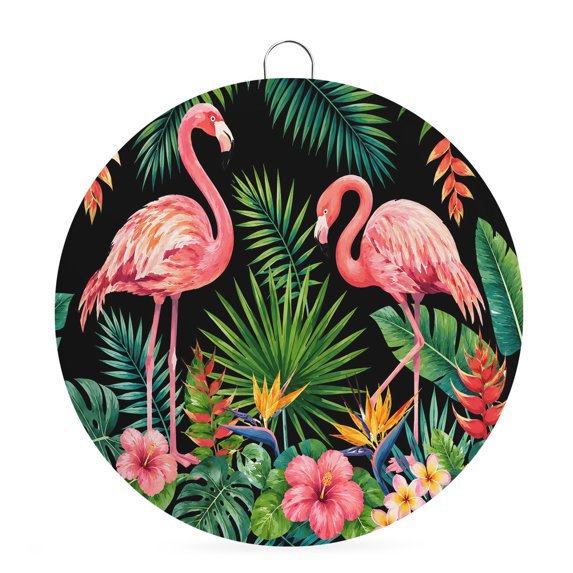 Welcome Sign for Front Door, Pink Flamingos Round Metal Wall Art Wreaths, Watercolor Summer Botanical Floral Outdoor Indoor Wall Hanging Sign for Porch Decor Housewarming Gifts 7.9 Inch