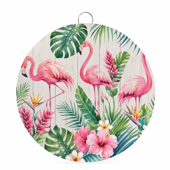 Welcome Sign for Front Door, Pink Flamingos Round Metal Wall Art Wreaths, Wooden Flowers Tropical Summer Botanical Outdoor Indoor Wall Hanging Sign for Porch Decor Housewarming Gifts 5.9 Inch