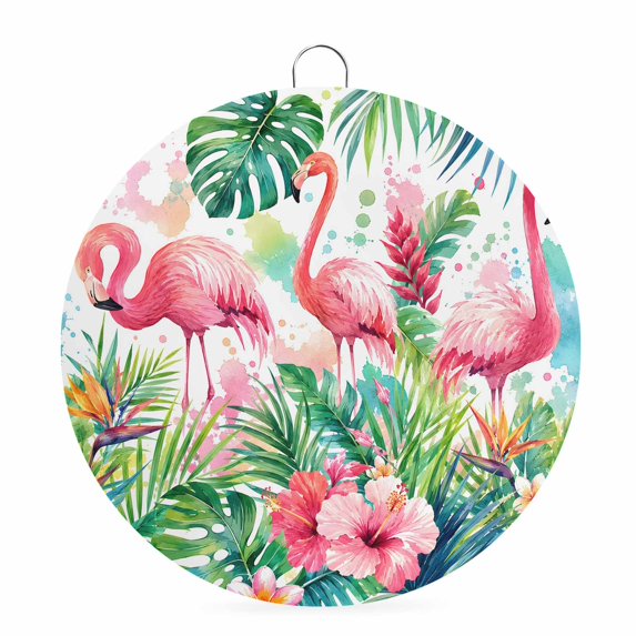 Welcome Sign for Front Door, Pink Flowers Flamingos Round Metal Wall Art Wreaths, Summer Botanical Tropical Leaves Outdoor Indoor Wall Hanging Sign for Porch Decor Housewarming Gifts 5.9 Inch
