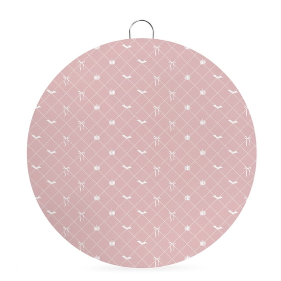 Welcome Sign for Front Door, Pink Halloween Round Metal Wall Art Wreaths, Checkered Bat Bow Outdoor Indoor Wall Hanging Sign for Porch Decor Housewarming Gifts 5.9 Inch