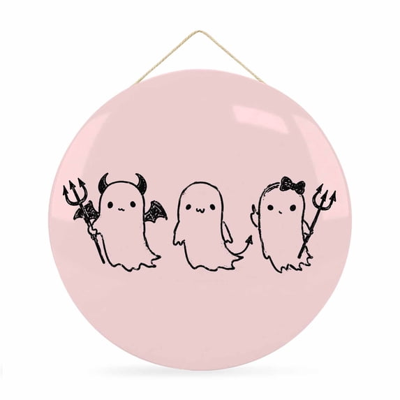 Welcome Sign for Front Door, Pink Halloween Round Metal Wall Art Wreaths, Funny Ghost Cute Cartoon Spooky Outdoor Indoor Wall Hanging Sign for Porch Decor Housewarming Gifts 11.8 Inch