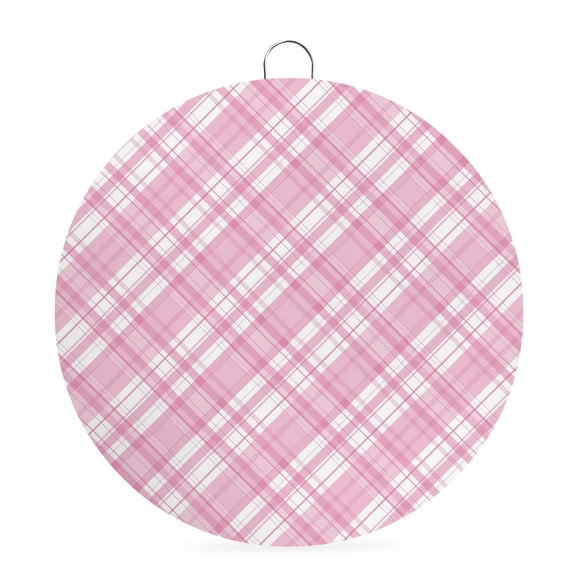 Welcome Sign for Front Door, Pink Plaid Round Metal Wall Art Wreaths, White Stripes Modern Grids Geometric Outdoor Indoor Wall Hanging Sign for Porch Decor Housewarming Gifts 5.9 Inch