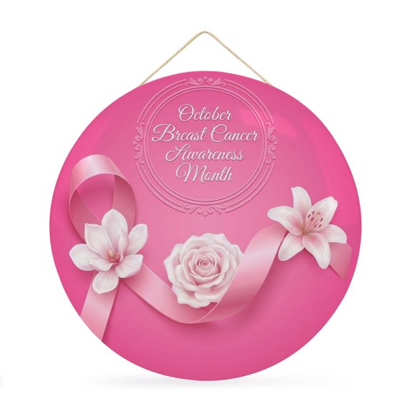 Welcome Sign for Front Door,Pink String Round Metal Welcome Front Porch Decoration,Spring Flowers Breast Cancer Awareness Wall Hanging Sign for Living Room Kitchen Hallway Housewarming Gift 12''