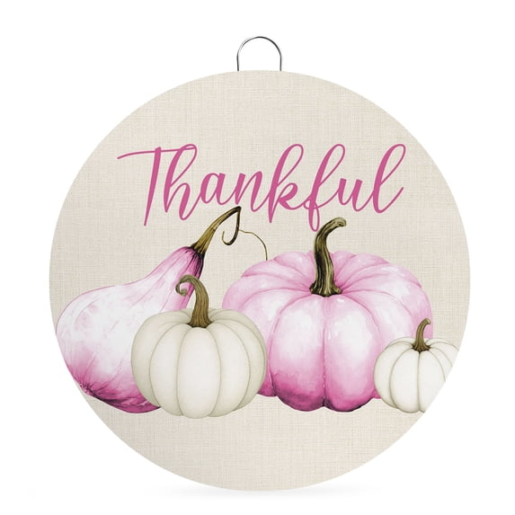 Welcome Sign for Front Door, Pink White Pumpkin Round Metal Wall Art Wreaths, Fall Thanksgiving Retro Light Beige Outdoor Indoor Wall Hanging Sign for Porch Decor Housewarming Gifts 5.9 Inch