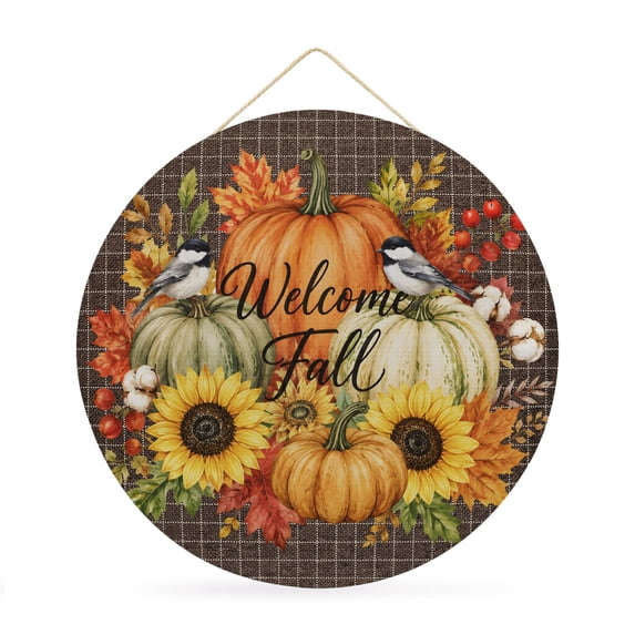 Welcome Sign for Front Door, Pumpkin Fall Round Metal Wall Art Wreaths, Thanksgiving Botanical Berry Leaves Checkered Outdoor Indoor Wall Hanging Sign for Porch Decor Housewarming Gifts 11.8 Inch