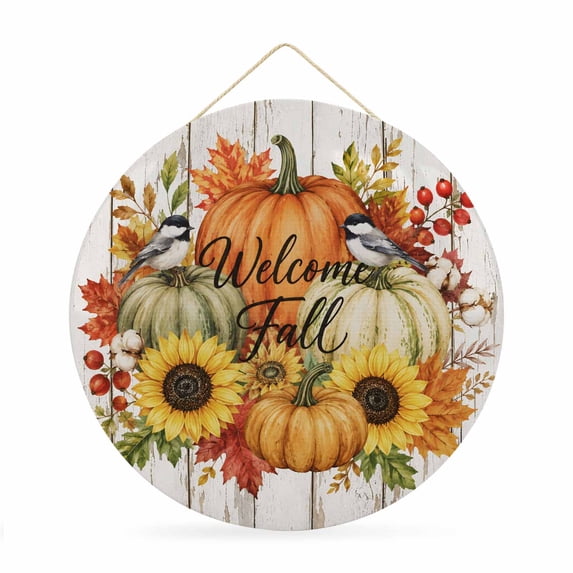 Welcome Sign for Front Door, Pumpkins Fall Round Metal Wall Art Wreaths, Thanksgiving Wooden Berry Floral Vintage Outdoor Indoor Wall Hanging Sign for Porch Decor Housewarming Gifts 11.8 Inch