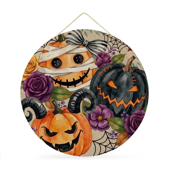 Welcome Sign for Front Door, Pumpkins Halloween Round Metal Wall Art Wreaths, Black Horror Purple Floral Beige Outdoor Indoor Wall Hanging Sign for Porch Decor Housewarming Gifts 11.8 Inch