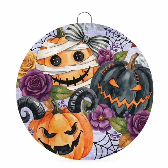 Welcome Sign for Front Door, Pumpkins Halloween Round Metal Wall Art Wreaths, Black Horror Purple Floral Vintage Outdoor Indoor Wall Hanging Sign for Porch Decor Housewarming Gifts 7.9 Inch