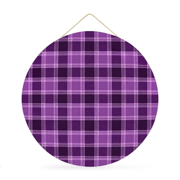Welcome Sign for Front Door, Purple Checkered Round Metal Wall Art Wreaths, Modern Farmhouse Purple Buffalo Plaid Outdoor Indoor Wall Hanging Sign for Porch Decor Housewarming Gifts 11.8 Inch