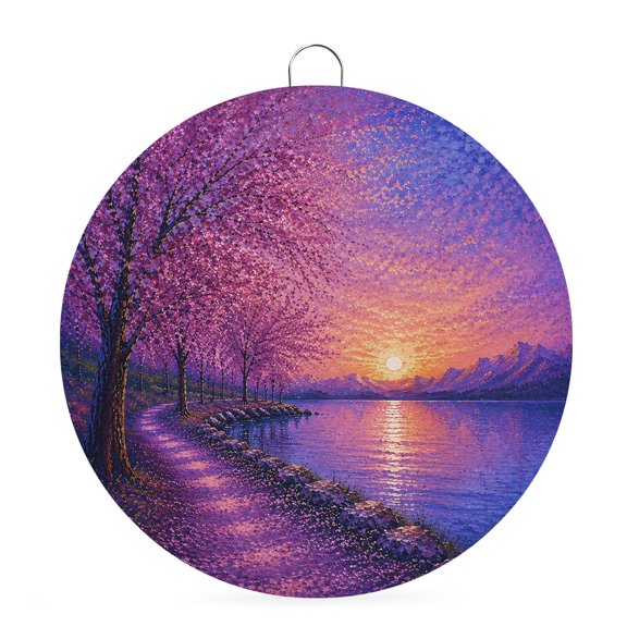 Welcome Sign for Front Door, Purple Tree Round Metal Wall Art Wreaths, Fantasy Sunset Lakeside Path Mountains Ripples Outdoor Indoor Wall Hanging Sign for Porch Decor Housewarming Gifts 7.9 Inch