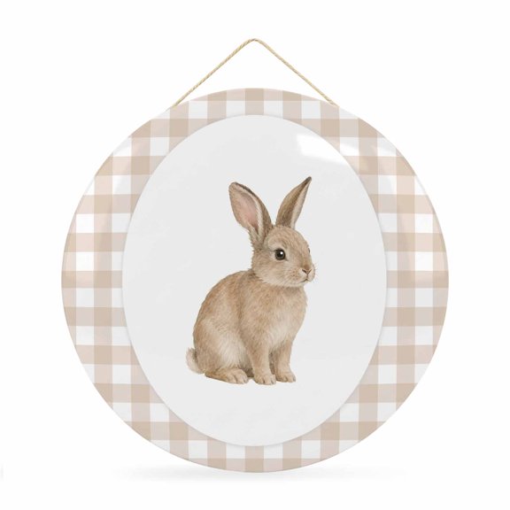Welcome Sign for Front Door, Rabbit Plaid Round Metal Wall Art Wreaths, Modern Farmhouse Checkered Rustic Animal Outdoor Indoor Wall Hanging Sign for Porch Decor Housewarming Gifts 11.8 Inch