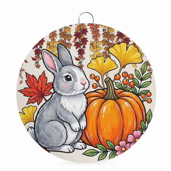 Welcome Sign for Front Door, Rabbit Thanksgiving Round Metal Wall Art Wreaths, Fall Pumpkins Leaves Rustic Outdoor Indoor Wall Hanging Sign for Porch Decor Housewarming Gifts 7.9 Inch