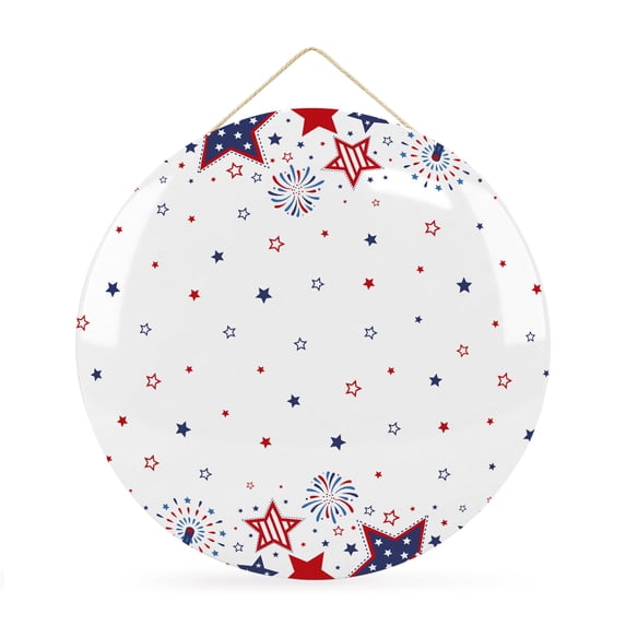Welcome Sign for Front Door,Red Blue Star 4th of July Round Metal Welcome Front Porch Decoration,Independence Day Fireworks Wall Hanging Sign for Living Room Kitchen Hallway Housewarming Gift 12''