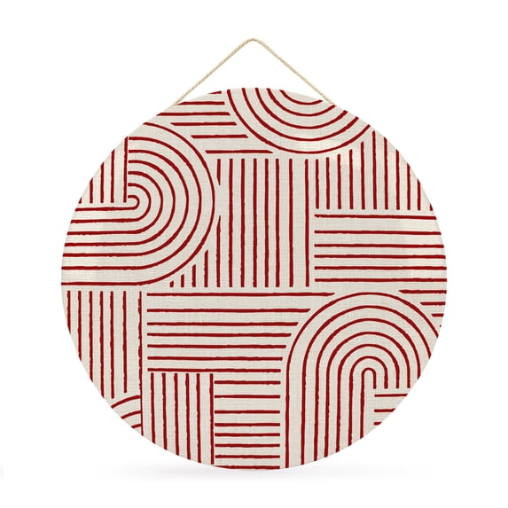 Welcome Sign for Front Door, Red Boho Round Metal Wall Art Wreaths, Abstract Geometric Curves Lines Modern Outdoor Indoor Wall Hanging Sign for Porch Decor Housewarming Gifts 11.8 Inch