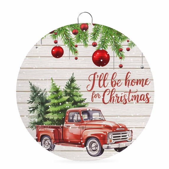 Welcome Sign for Front Door,Red Christmas Round Metal Welcome Front Porch Decor,Truck Xmas Tree Ball Snowflake Winter Wooden Wall Hanging Sign for Living Room Kitchen Hallway Housewarming Gift 8''