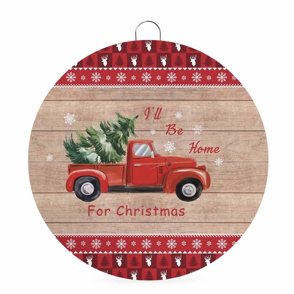 Welcome Sign for Front Door, Red Christmas Truck Round Metal Wall Art Wreaths, Xmas Tree Snowflake Plaid Wooden Outdoor Indoor Wall Hanging Sign for Porch Decor Housewarming Gifts 5.9 Inch